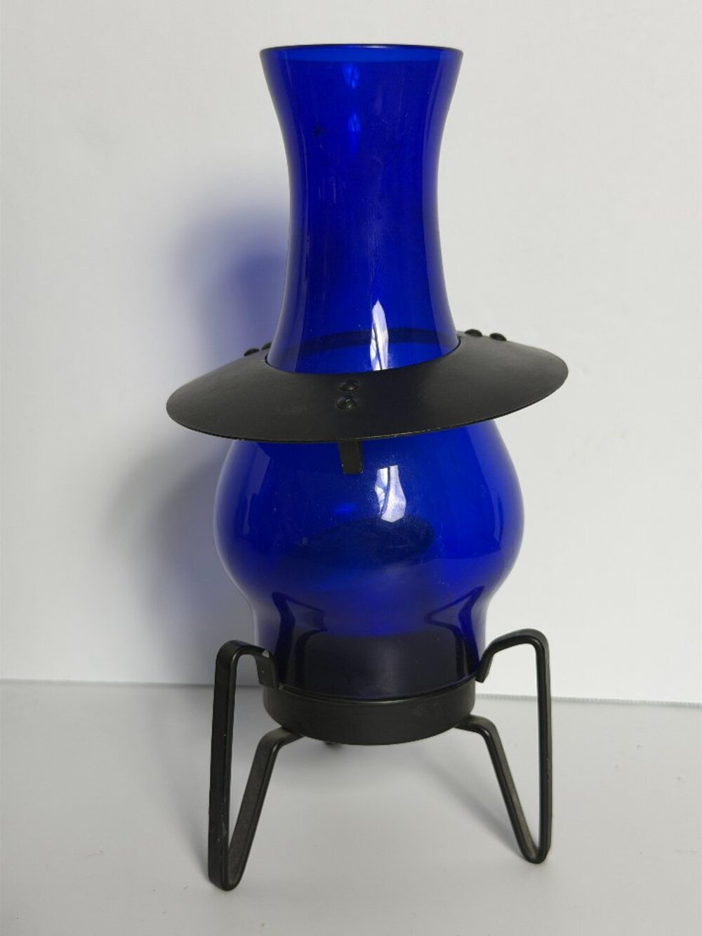 Vintage Cobalt Blue Glass Candle Holder Lantern Black Votive Metal MCM Modernist